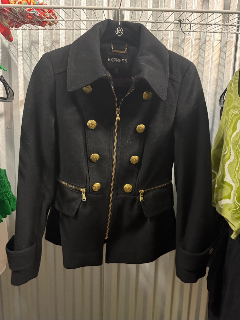 Express Black Double-Breasted Military Pea Coat with Gold Buttons XS